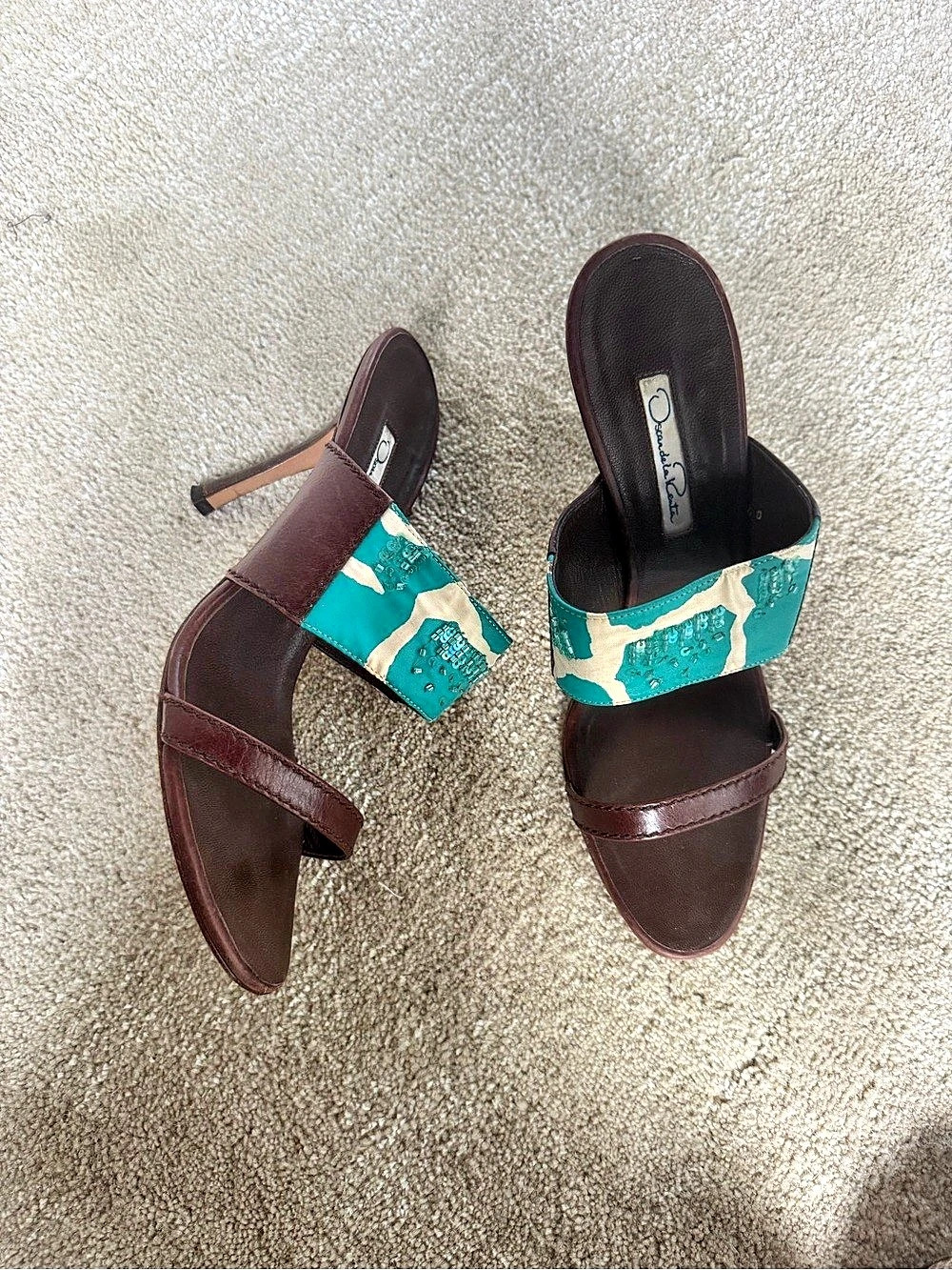 Oscar De La Renta Turquoise Beaded Sandal Heels 40